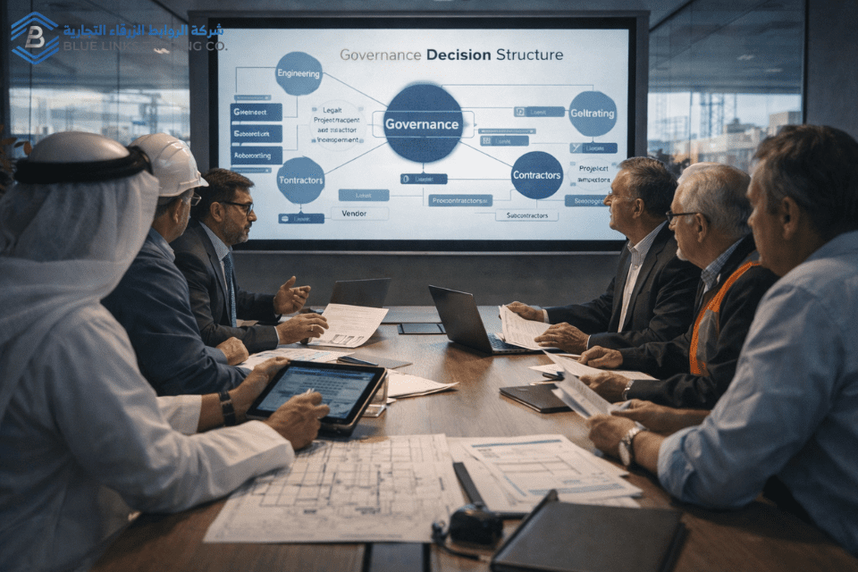 قادة مشروع بنية تحتية يناقشون المسؤوليات والحوكمة في قرارات الحفر.