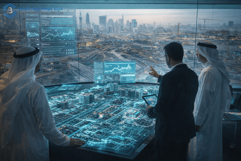 مهندسون يراجعون تخطيط البنية التحتية المستقبلية وقرارات الحفر في مشروع مدينة ذكية.