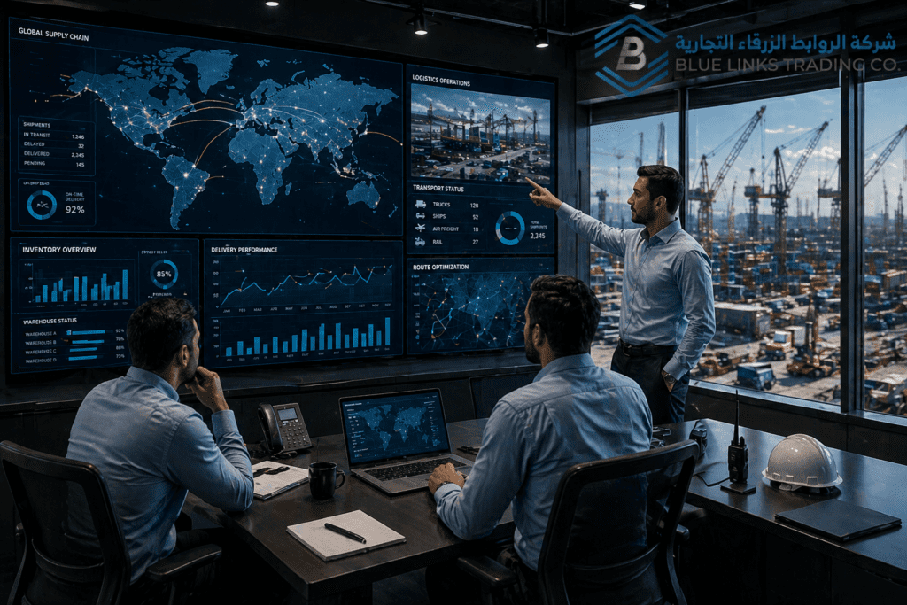 Project logistics coordination team managing supply chain operations in a large infrastructure project