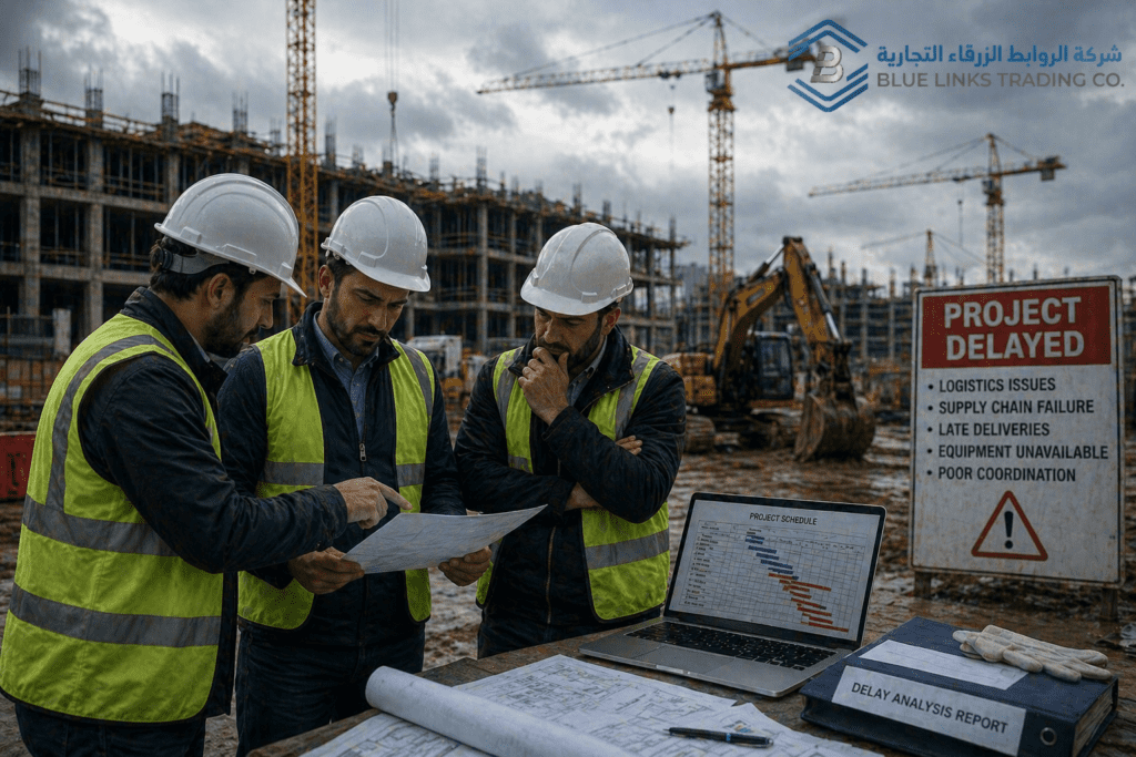 Project team analyzing delay in construction project due to logistics issues