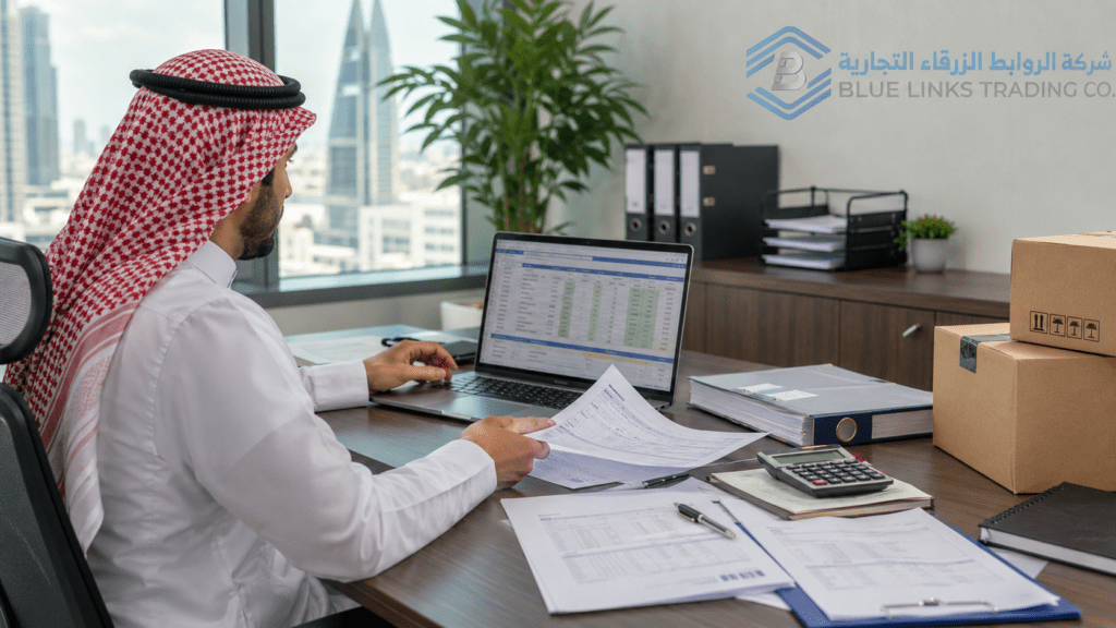 موظف مشتريات يراجع أوامر الشراء وعروض الموردين داخل مكتب احترافي