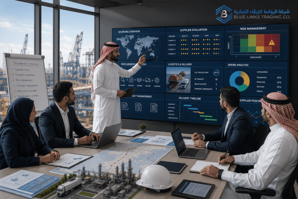 Procurement team managing sourcing, suppliers, logistics, and delivery control